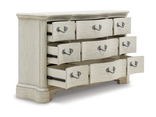 Arlendyne – Antique White – 8 Pc. – Dresser, Mirror, Chest, California King Upholstered Bed, 2 Nightstands